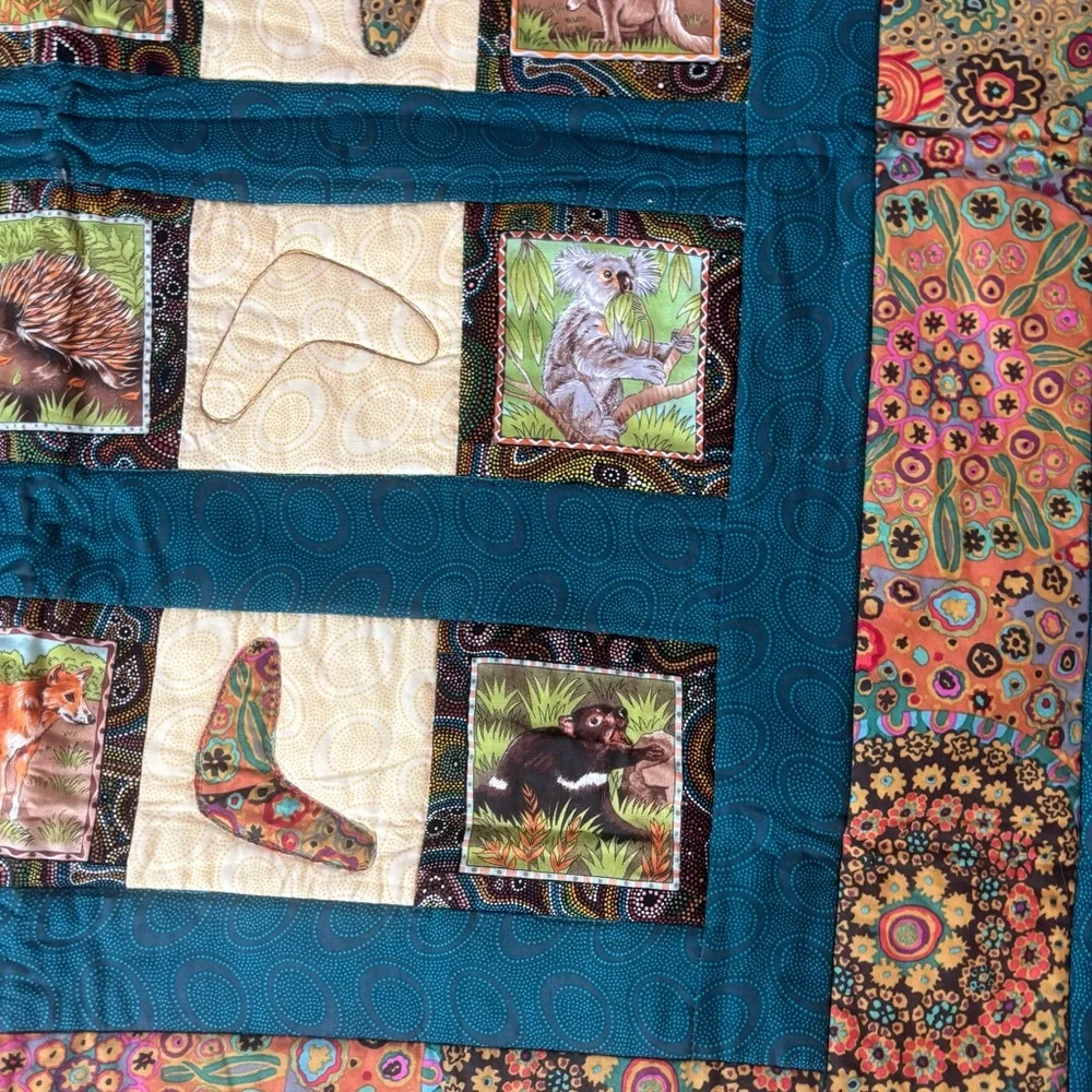 Hand Made Patchwork Quilt Wall Hanging Australia Animals Boomerang 37”x39”